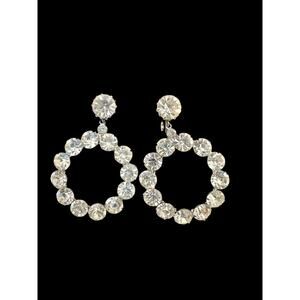 Vintage Clear Rhinestone Hoop Dangle Clip Earrings Silver Tone Jewelry